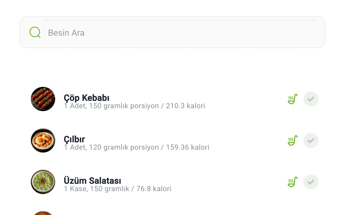 Besin veritabanı ekranı