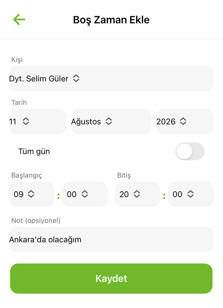 Meşgul zaman ekleme ekranı