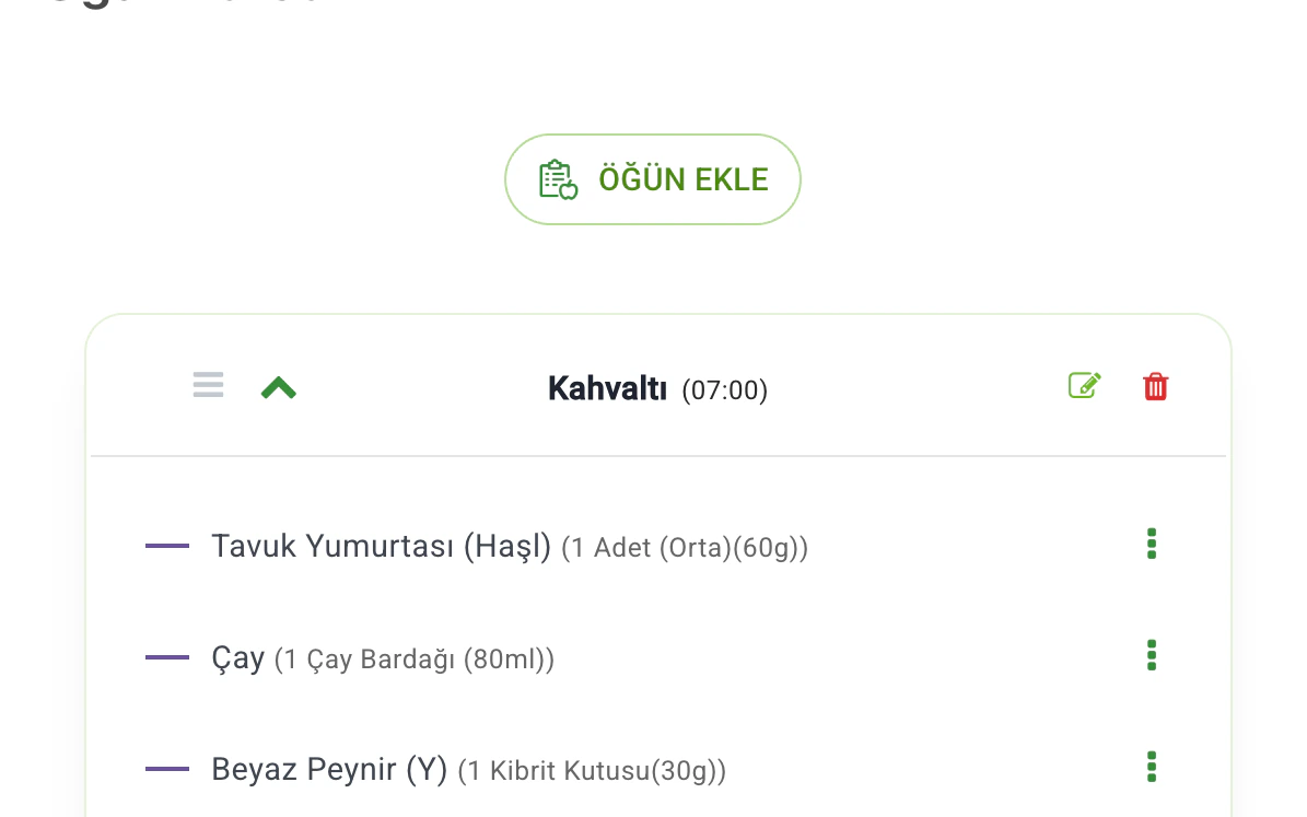 Diyet listesi hazırlama ekranı