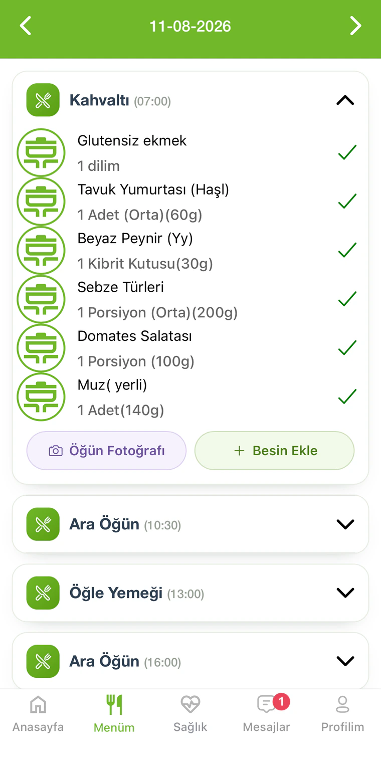 Danışan uygulamasında diyet listesi
