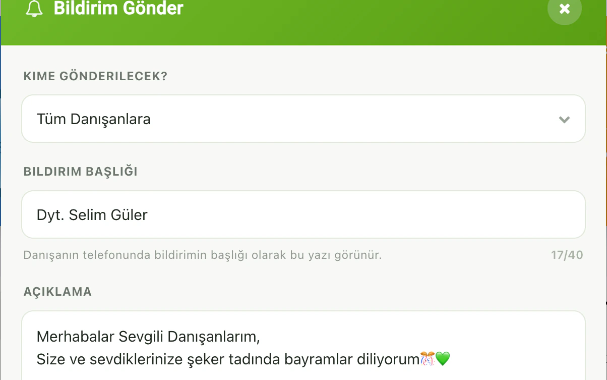 Toplu bildirim gönderme ekranı